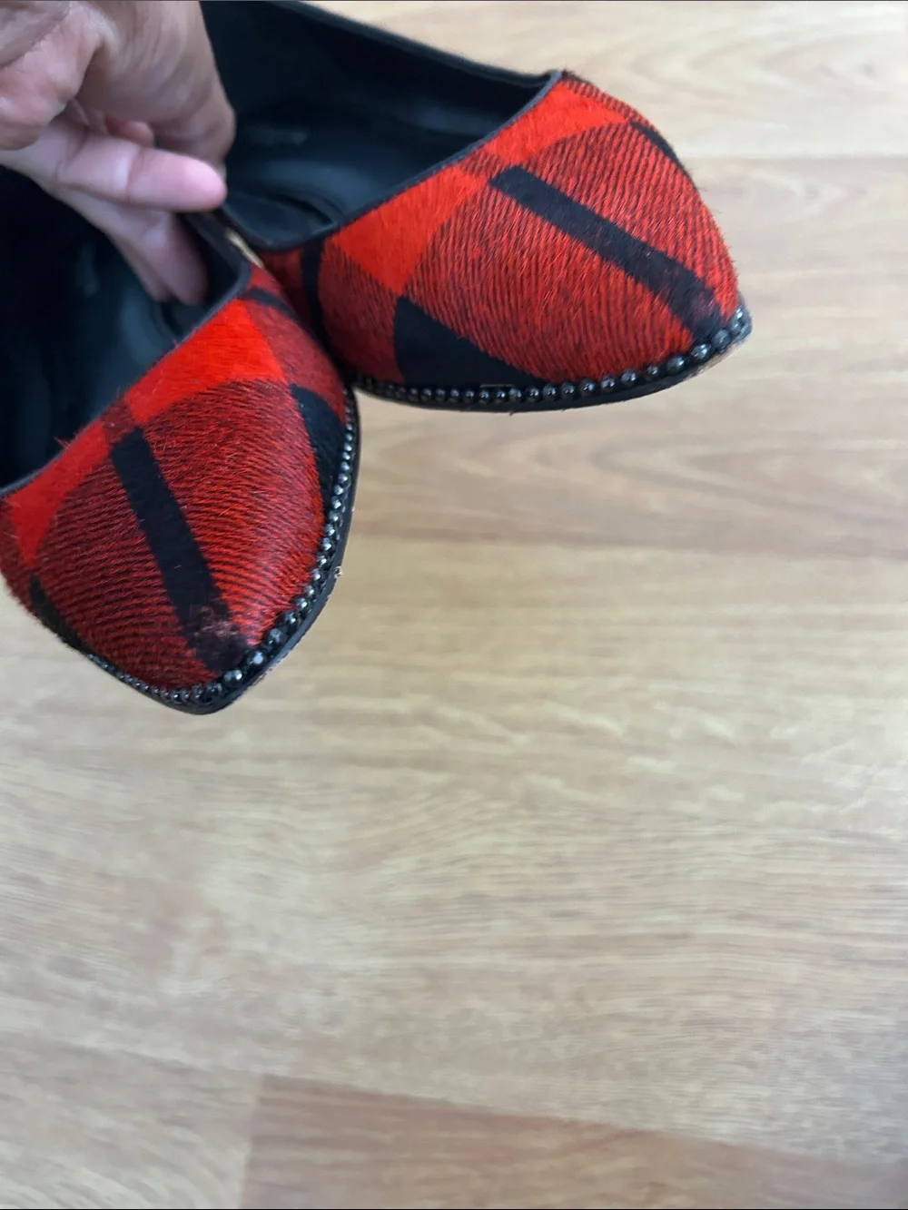 Coach Red and Black Plaid Pointed Toe Reeves Plaid Calf Hair Flats
